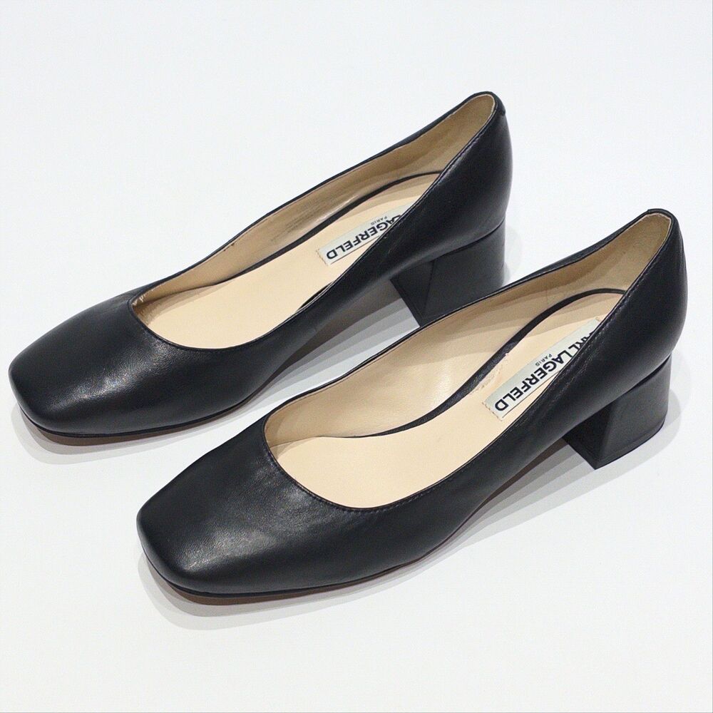 Karl Lagerfeld Paris Charee Black Leather Block Heel Pump Women Size 7.5B
